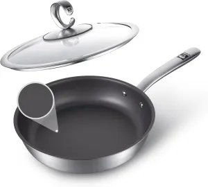 11-Inch Titanium Nonstick Frying Pan with Lid – Stainless Steel Base Skillet, Dishwasher & Oven Safe, Induction Compatible, Non-Toxic & Easy to Clean Titanium Cookware