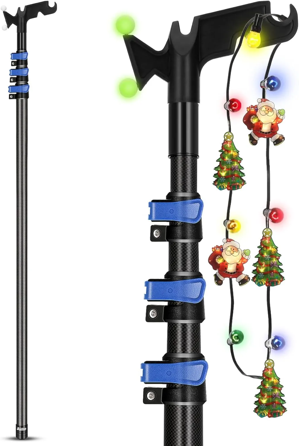 𝙉𝙚𝙬12FT Ultralight Carbon Fiber Pole for Hanger Christmas lights with Night Glow Utility Hook ,Extension Pole for Multi-Purpose Light Installation Tool, String Lights (Reach up to 18FT Stand)
