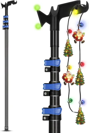 𝙉𝙚𝙬12FT Ultralight Carbon Fiber Pole for Hanger Christmas lights with Night Glow Utility Hook ,Extension Pole for Multi-Purpose Light Installation Tool, String Lights (Reach up to 18FT Stand)