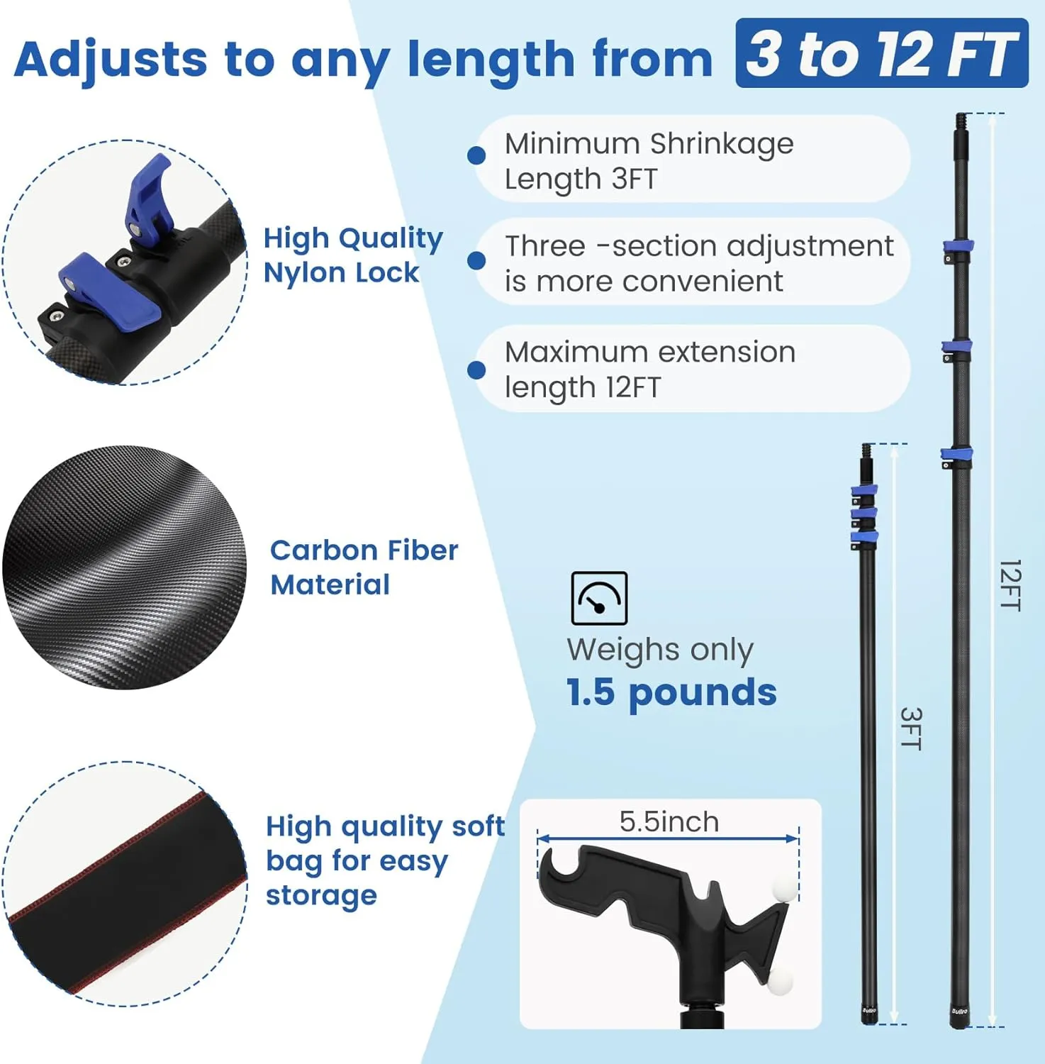 𝙉𝙚𝙬12FT Ultralight Carbon Fiber Pole for Hanger Christmas lights with Night Glow Utility Hook ,Extension Pole for Multi-Purpose Light Installation Tool, String Lights (Reach up to 18FT Stand)