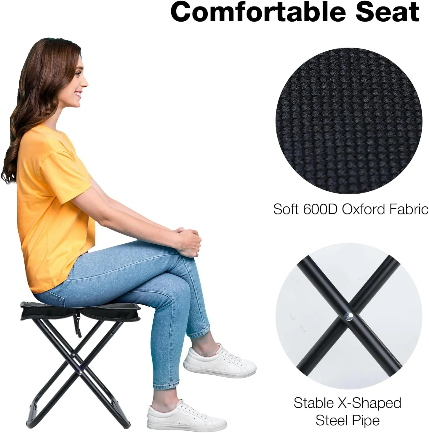 13"" Folding Camping Stool, Lightweight Portable Camp Stool for Adults Support 286lbs, Foldable Camping Foot Stool Backpacking Stool for Fishing Beach Picnic Sports, Small, Black, ZQ0059B