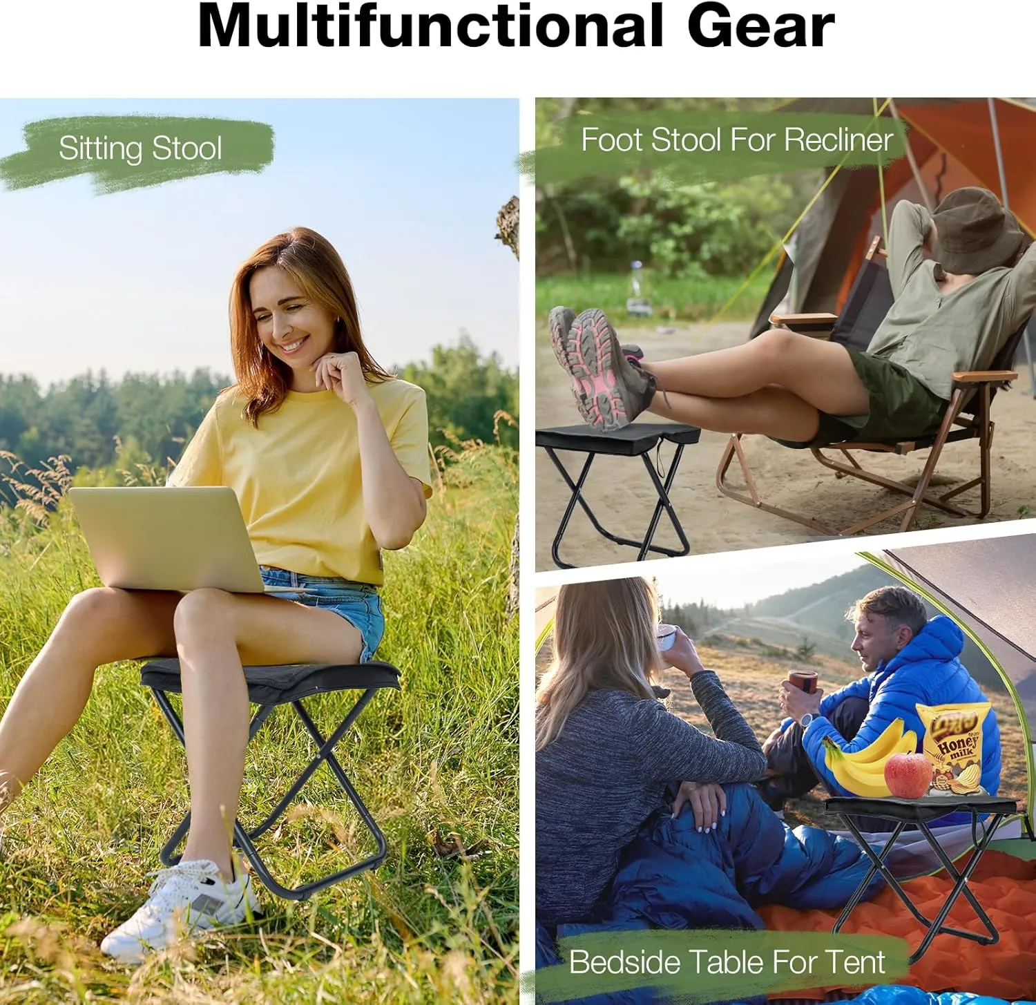 13"" Folding Camping Stool, Lightweight Portable Camp Stool for Adults Support 286lbs, Foldable Camping Foot Stool Backpacking Stool for Fishing Beach Picnic Sports, Small, Black, ZQ0059B