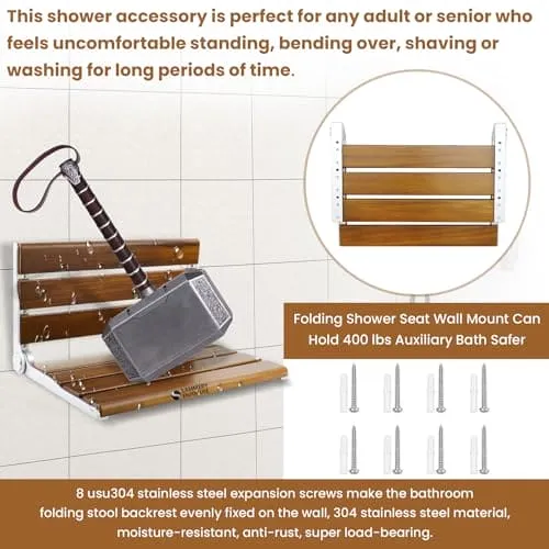 18 Inches  Teak Folding Shower Seat Wall Mounted,Fold Down Shower Bench for Small Shower Space, Home Care Teak Wood Stool for Inside Shower,Pregnants-Maximum Load 380lb[European Teak] (18"-Yellow)