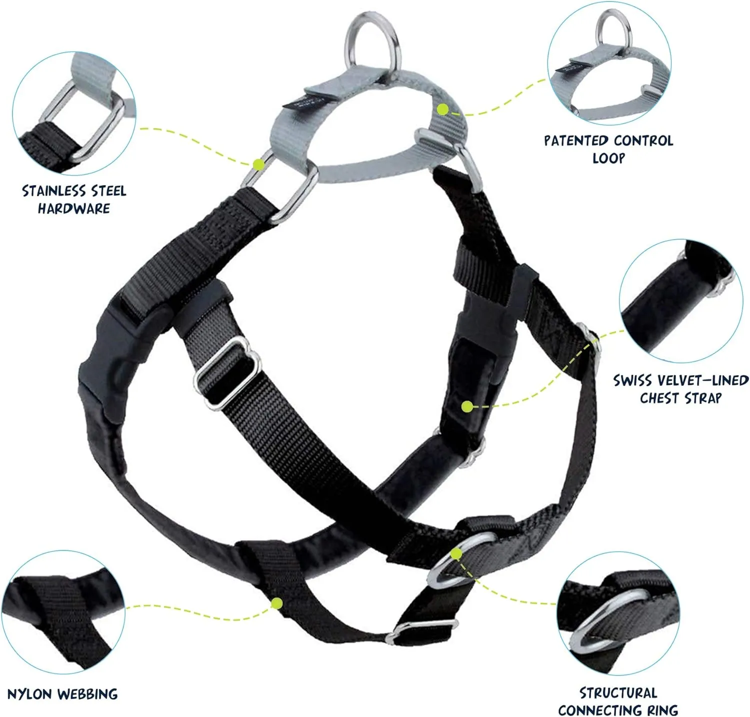 2 Hounds Design Freedom No Pull Dog Harness, Adjustable Harness, Easy Walking & Comfortable Control, Fits Small, Medium & Large Dogs, Solid Colors, Made in USA, 1" LG, Black