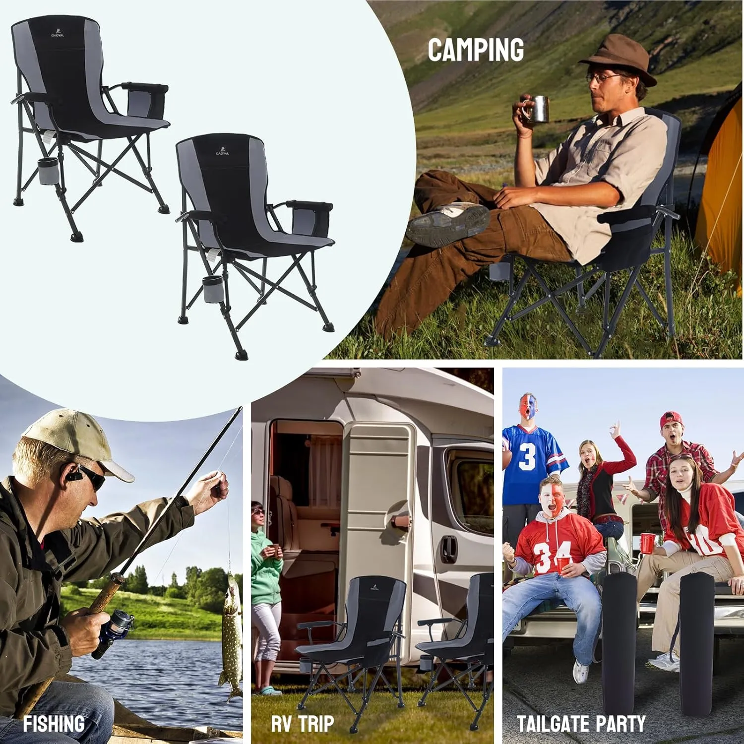 2 Pack Camping Chairs for Adults, High Back Foling Chairs with Side Pocket & Cup Holder, Support 300 LBS Lawn Chair for Camping, Tailgate Party, Sports Event
