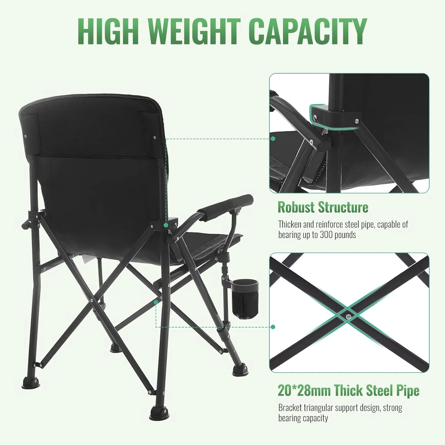 2 Pack Camping Chairs for Adults, High Back Foling Chairs with Side Pocket & Cup Holder, Support 300 LBS Lawn Chair for Camping, Tailgate Party, Sports Event