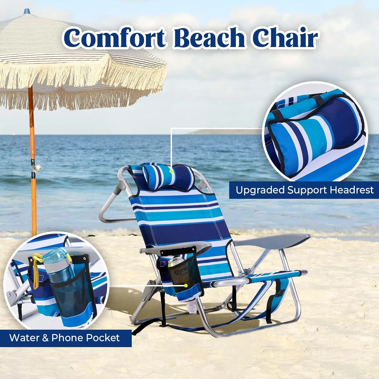 2 Pack Lightweight Portable Camping Beach Chair for Adults, Outdoor Lay Flat Folding Beach Chairs with 4 Positions, Backpack Beach Chair with Towel Bar, Cooler Pouch, Cup Holder, Blue Green