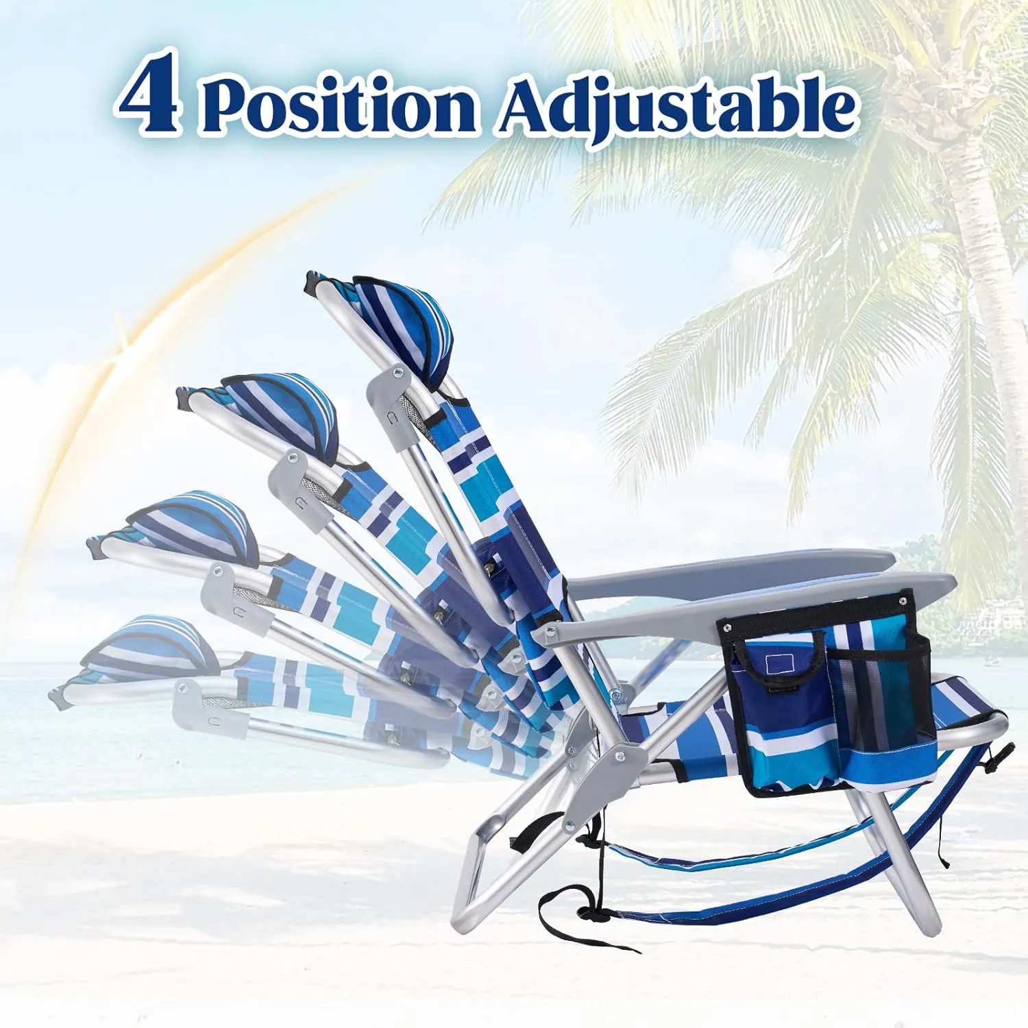 2 Pack Lightweight Portable Camping Beach Chair for Adults, Outdoor Lay Flat Folding Beach Chairs with 4 Positions, Backpack Beach Chair with Towel Bar, Cooler Pouch, Cup Holder, Blue Green