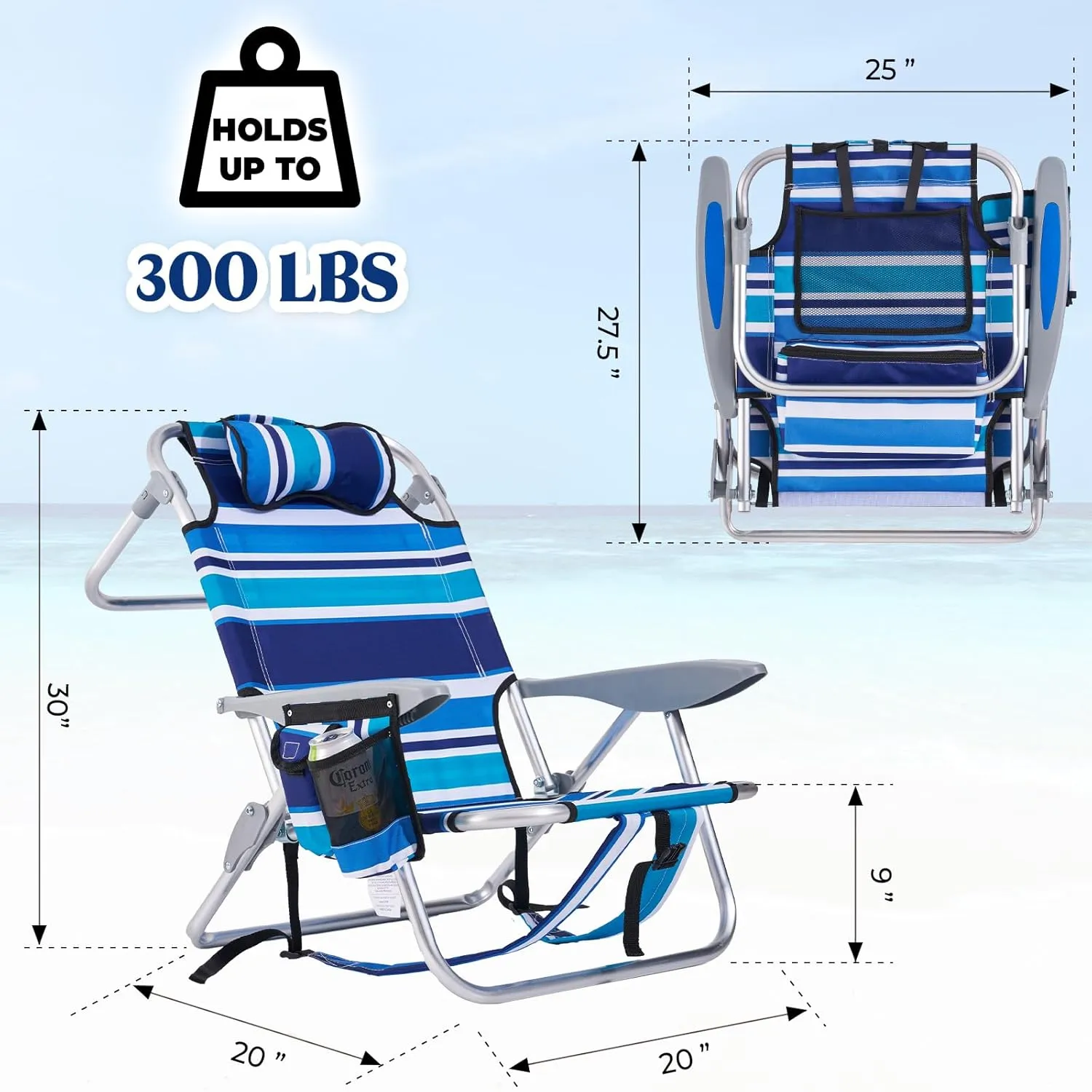 2 Pack Lightweight Portable Camping Beach Chair for Adults, Outdoor Lay Flat Folding Beach Chairs with 4 Positions, Backpack Beach Chair with Towel Bar, Cooler Pouch, Cup Holder, Blue Green