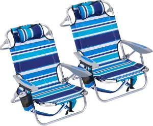 2 Pack Lightweight Portable Camping Beach Chair for Adults, Outdoor Lay Flat Folding Beach Chairs with 4 Positions, Backpack Beach Chair with Towel Bar, Cooler Pouch, Cup Holder, Blue Green