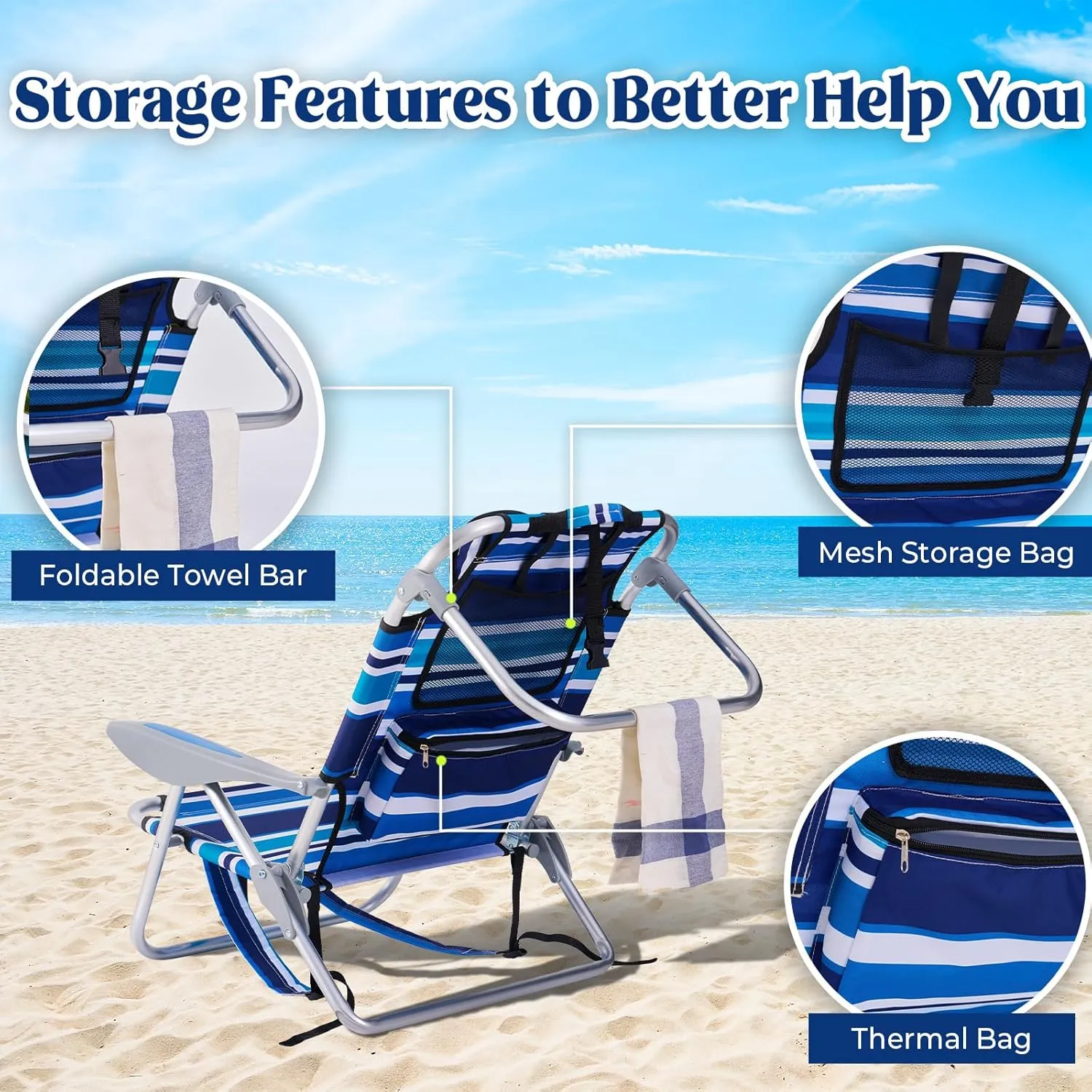 2 Pack Lightweight Portable Camping Beach Chair for Adults, Outdoor Lay Flat Folding Beach Chairs with 4 Positions, Backpack Beach Chair with Towel Bar, Cooler Pouch, Cup Holder, Blue Green