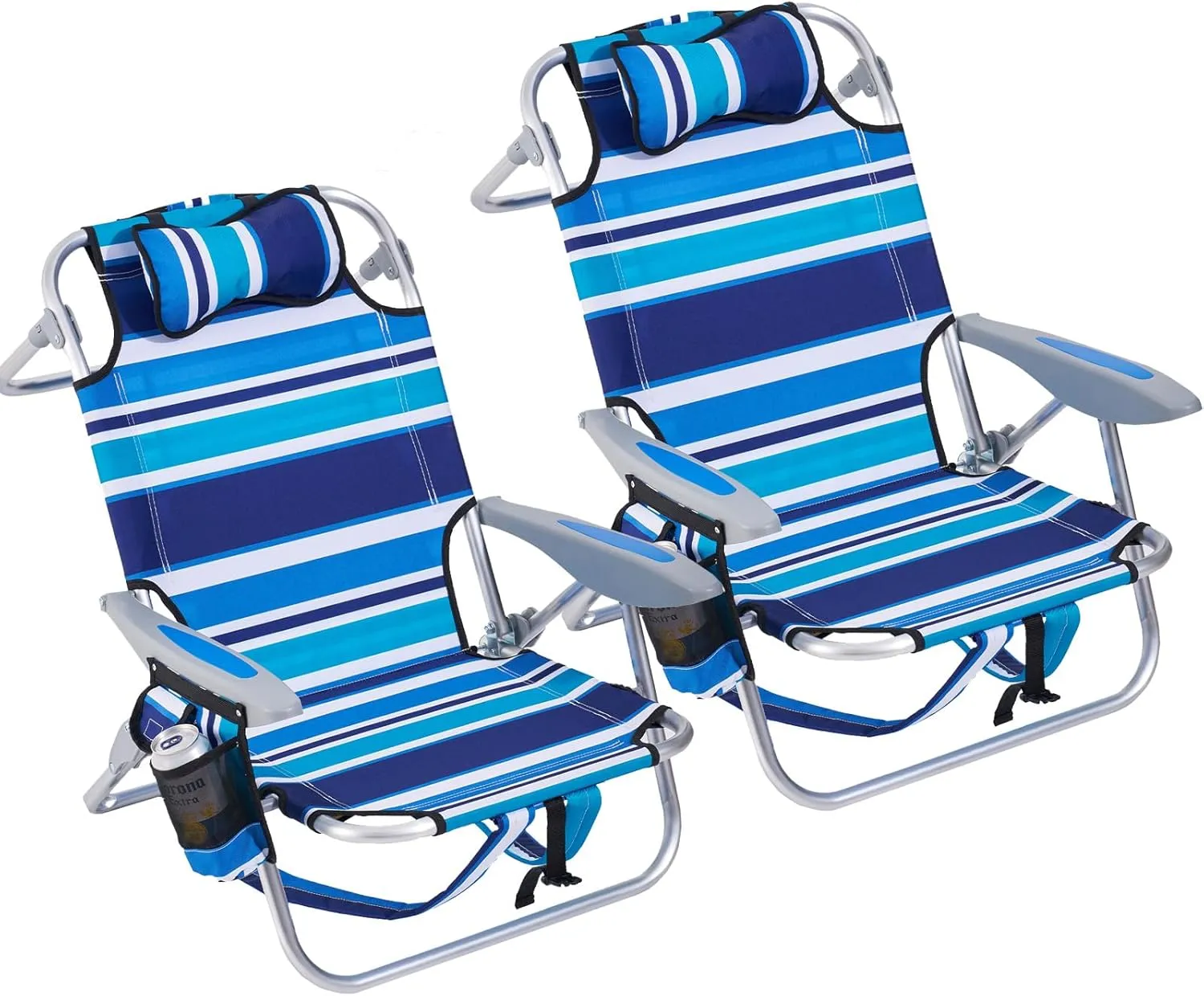 2 Pack Lightweight Portable Camping Beach Chair for Adults, Outdoor Lay Flat Folding Beach Chairs with 4 Positions, Backpack Beach Chair with Towel Bar, Cooler Pouch, Cup Holder, Blue Green