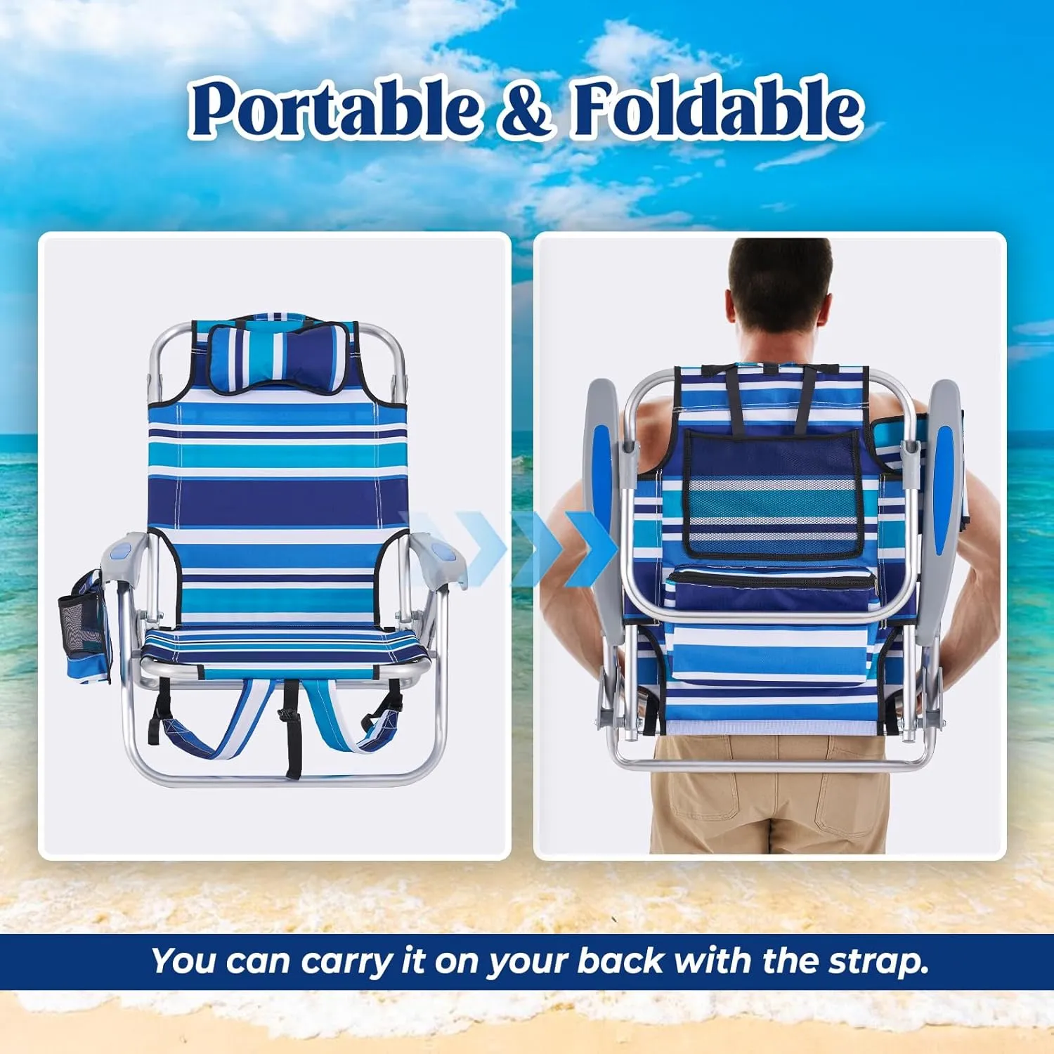2 Pack Lightweight Portable Camping Beach Chair for Adults, Outdoor Lay Flat Folding Beach Chairs with 4 Positions, Backpack Beach Chair with Towel Bar, Cooler Pouch, Cup Holder, Blue Green