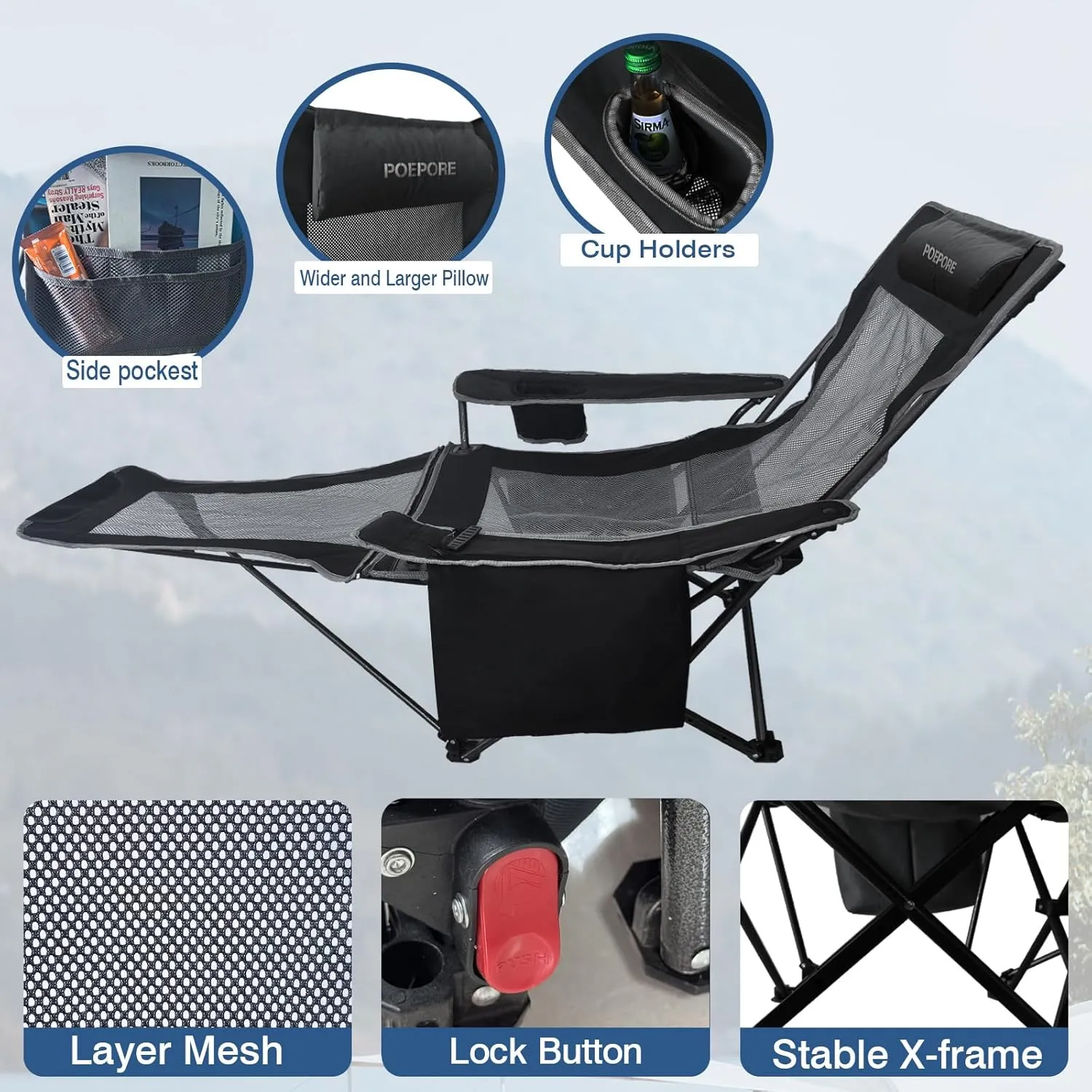 2-Pack Reclining Camping Chair 4 Position with Foot Rest Comfortable for Adults 265Ibs Folding Lounger Mesh Beach Chair with Cooler Bag,Cotton Cushion and Cup Holder for Outdoor Patio