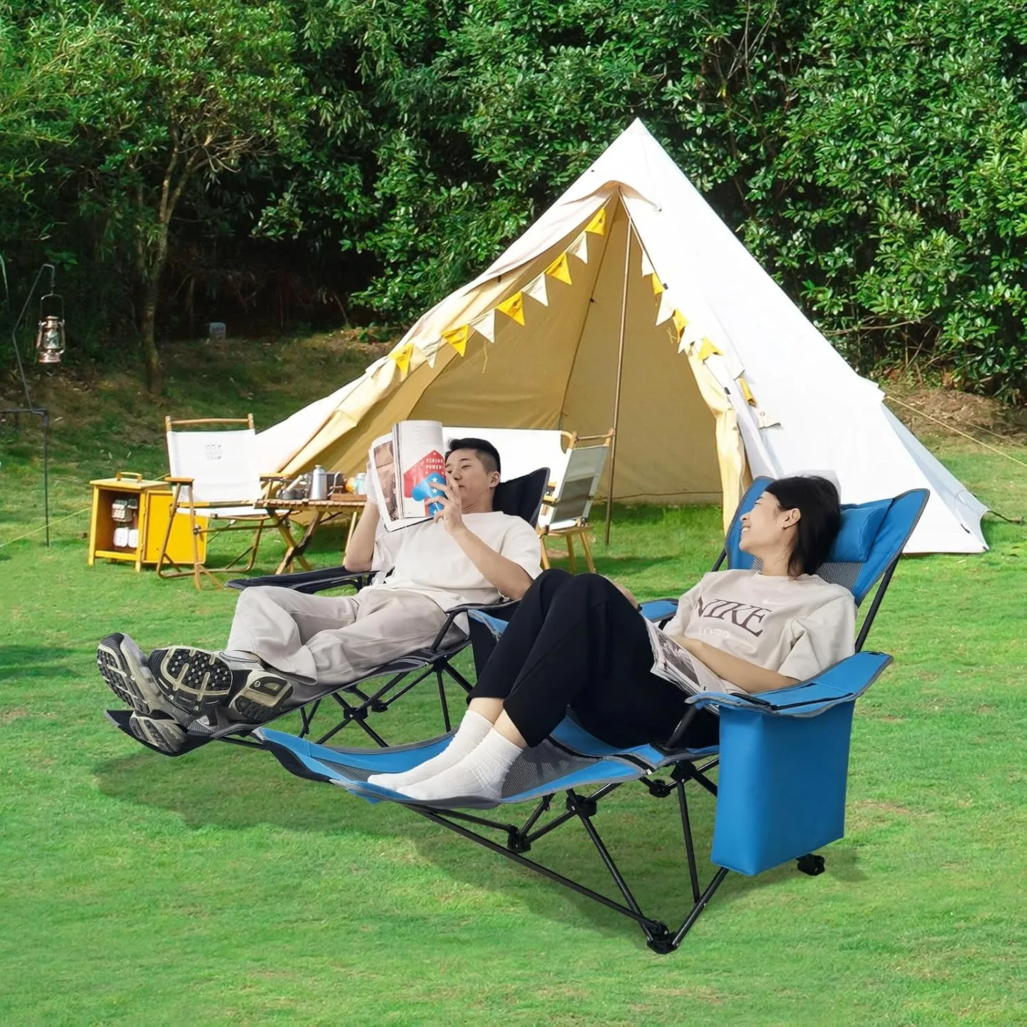 2-Pack Reclining Camping Chair 4 Position with Foot Rest Comfortable for Adults 265Ibs Folding Lounger Mesh Beach Chair with Cooler Bag,Cotton Cushion and Cup Holder for Outdoor Patio
