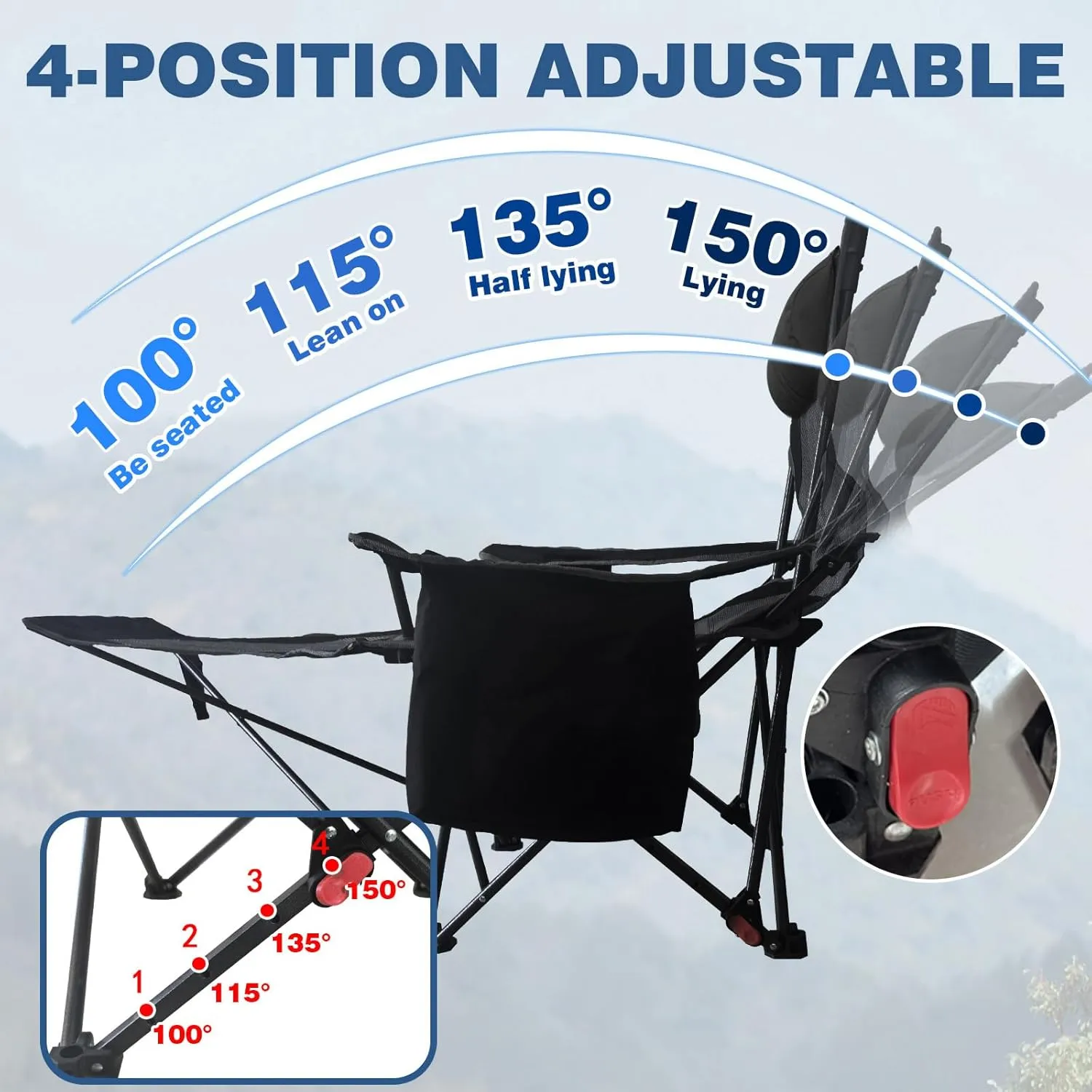 2-Pack Reclining Camping Chair 4 Position with Foot Rest Comfortable for Adults 265Ibs Folding Lounger Mesh Beach Chair with Cooler Bag,Cotton Cushion and Cup Holder for Outdoor Patio