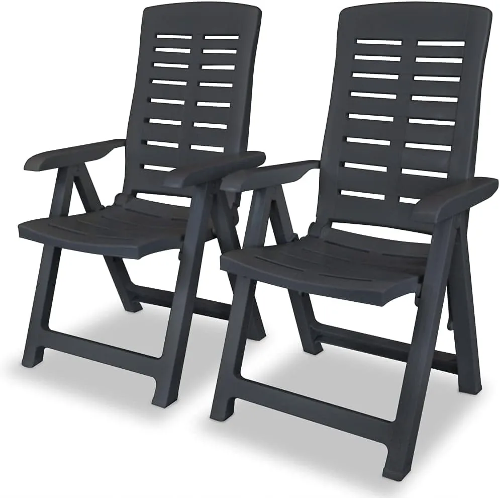 2-Pack Reclining Patio Chairs with 4 Adjustable Positions, Foldable Outdoor Lounge Chairs Anthracite Plastic for Poolside Camping Beach Backyard