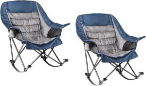 2 PCS Oversized Rocking Camping Chair for Adults - 400lbs Capacity Padded Camp Chair, Portable Foldable Outdoor Rocker Chair for Camping, Backyard, Patio (Blue & Gray)