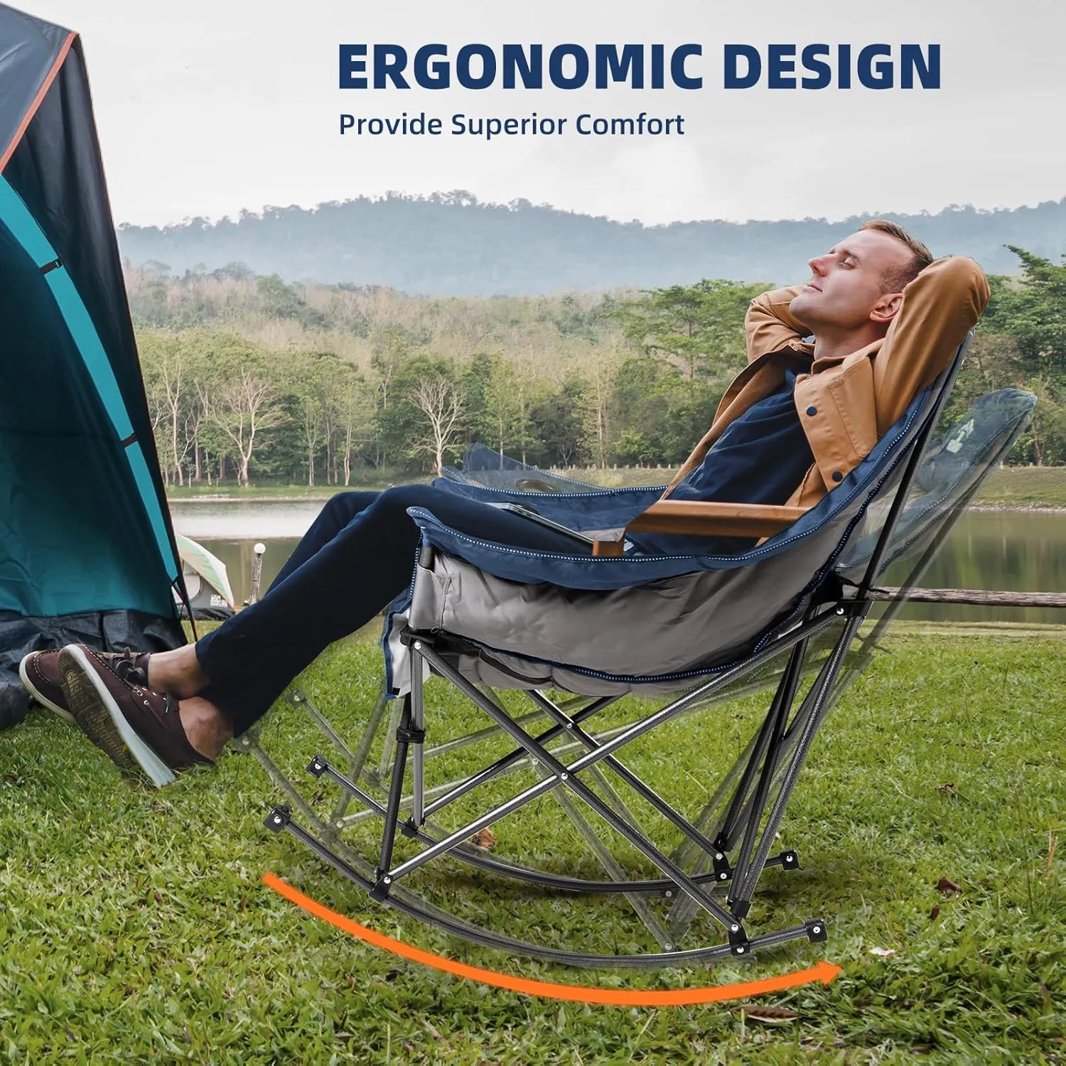 2 PCS Oversized Rocking Camping Chair for Adults - 400lbs Capacity Padded Camp Chair, Portable Foldable Outdoor Rocker Chair for Camping, Backyard, Patio (Blue & Gray)