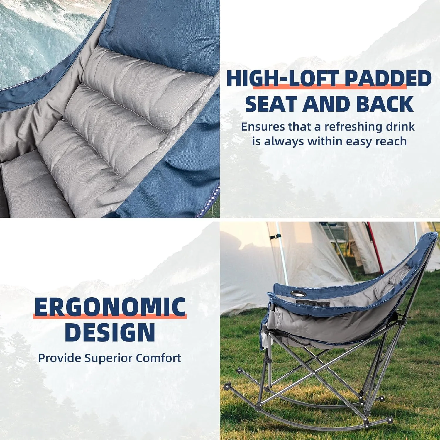 2 PCS Oversized Rocking Camping Chair for Adults - 400lbs Capacity Padded Camp Chair, Portable Foldable Outdoor Rocker Chair for Camping, Backyard, Patio (Blue & Gray)