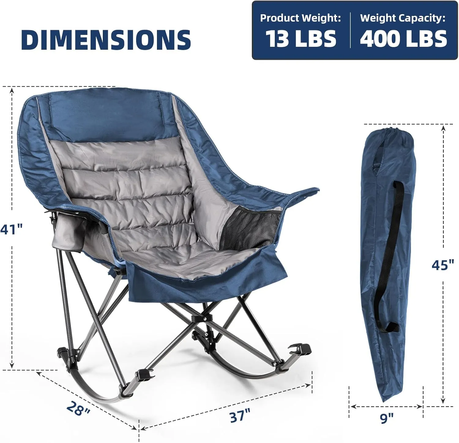 2 PCS Oversized Rocking Camping Chair for Adults - 400lbs Capacity Padded Camp Chair, Portable Foldable Outdoor Rocker Chair for Camping, Backyard, Patio (Blue & Gray)