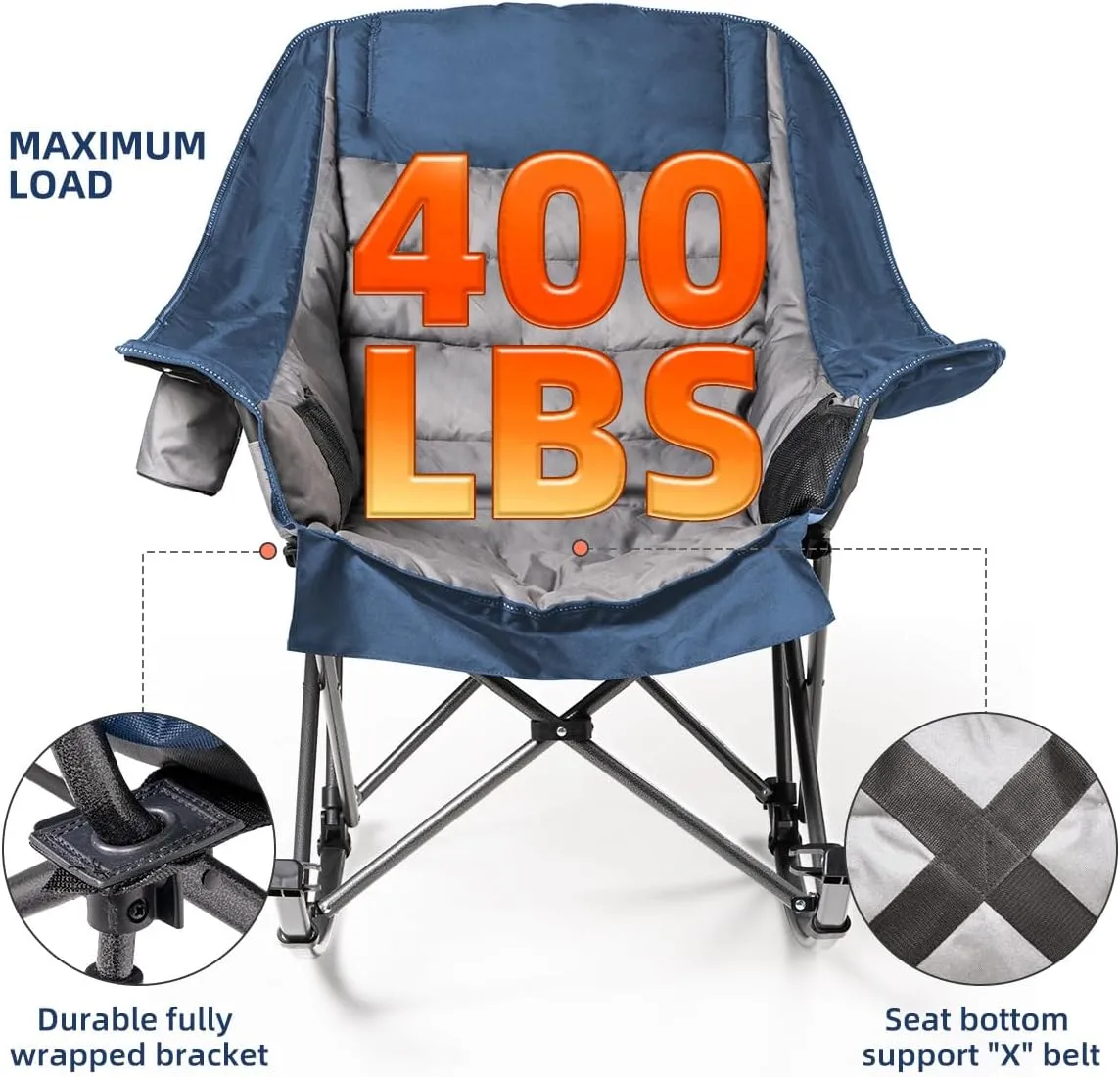 2 PCS Oversized Rocking Camping Chair for Adults - 400lbs Capacity Padded Camp Chair, Portable Foldable Outdoor Rocker Chair for Camping, Backyard, Patio (Blue & Gray)