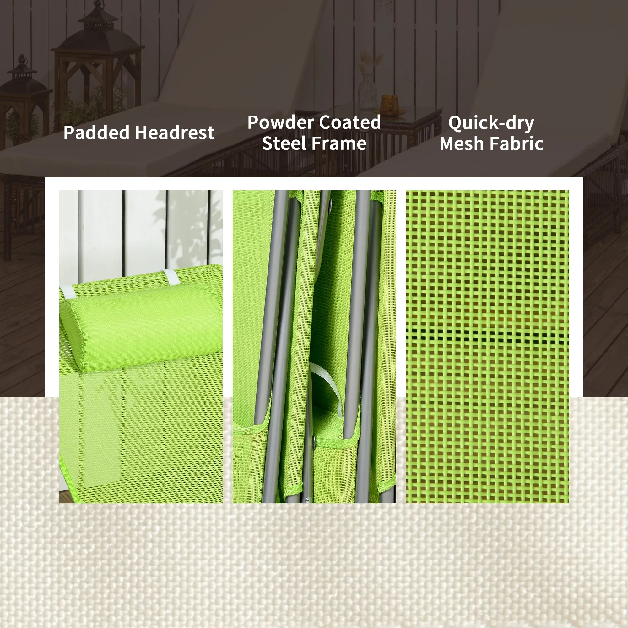 2-Piece Folding Chaise Lounge Chairs with Reclining Back, Breathable Mesh Seat & Headrest, Green