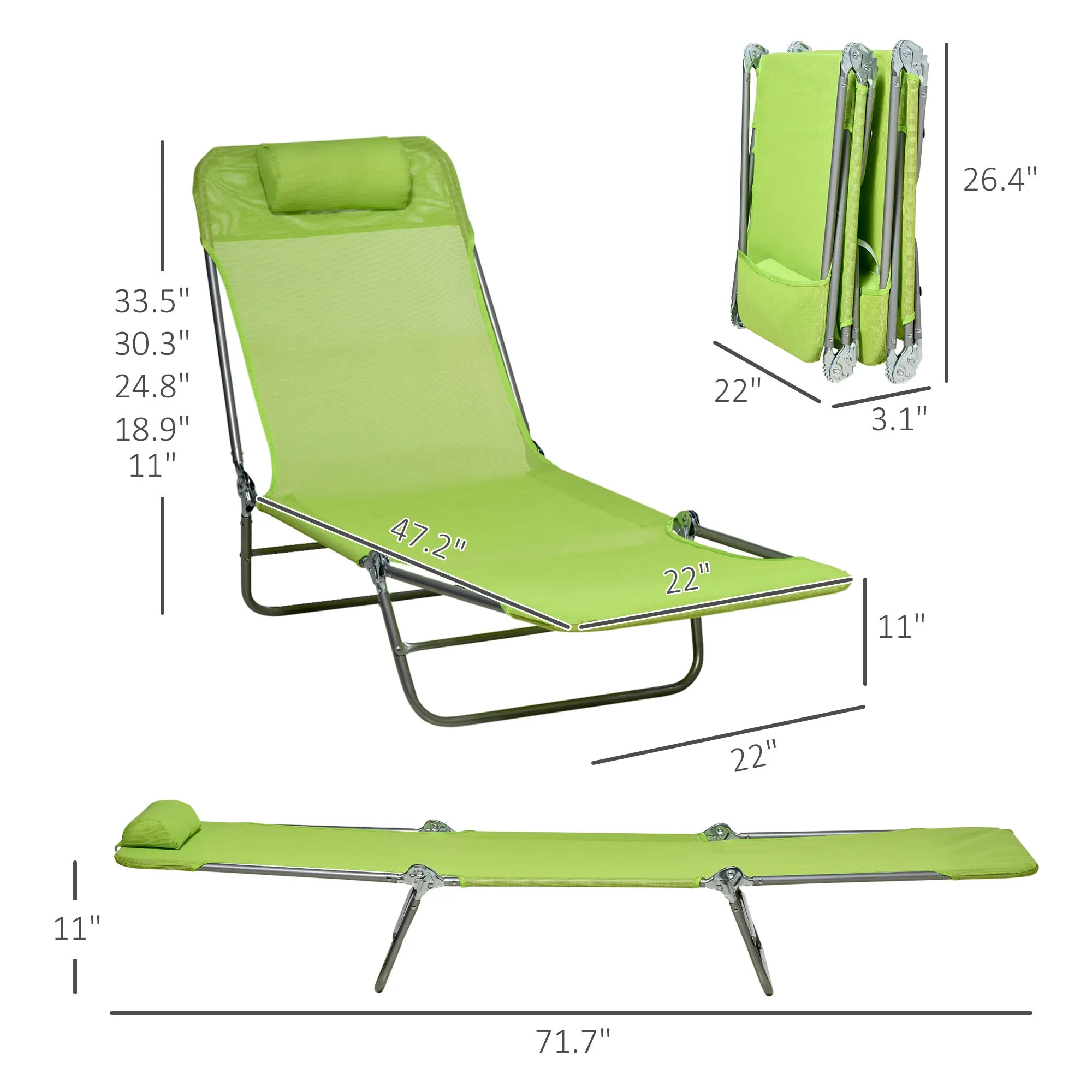 2-Piece Folding Chaise Lounge Chairs with Reclining Back, Breathable Mesh Seat & Headrest, Green