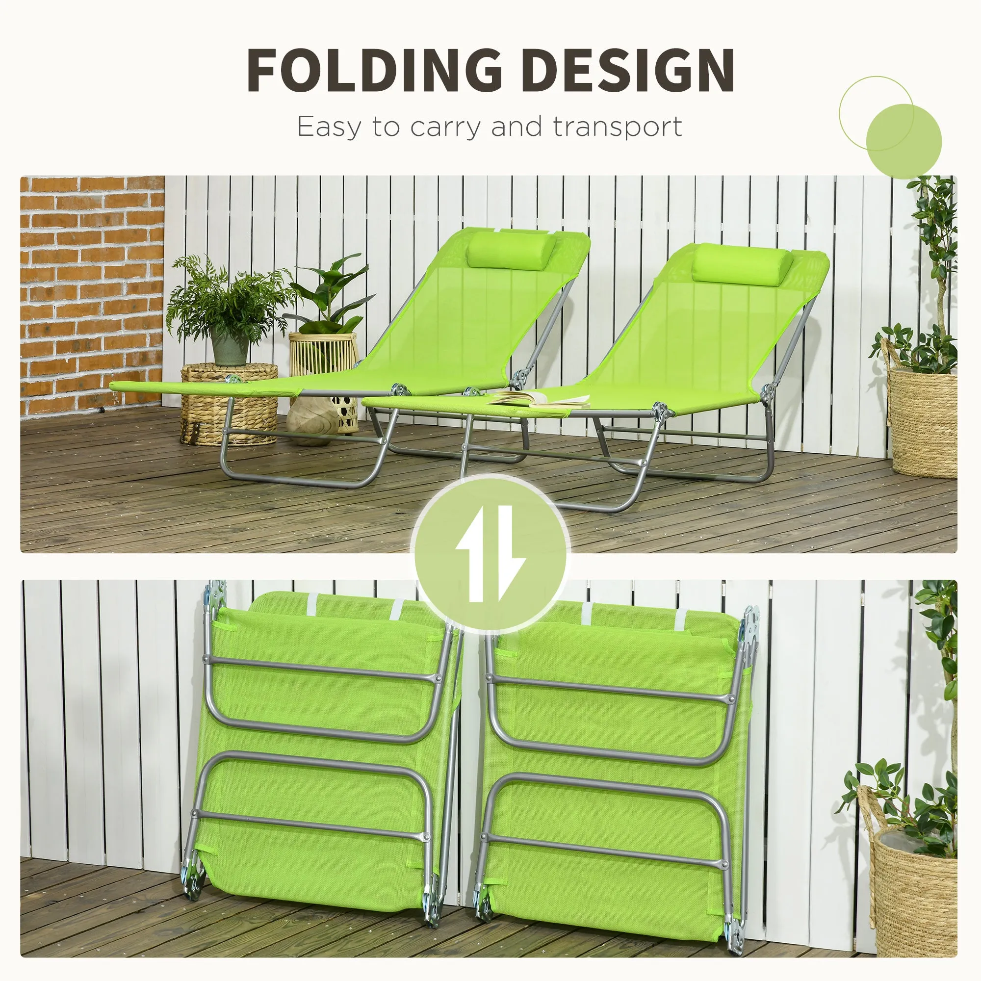 2-Piece Folding Chaise Lounge Chairs with Reclining Back, Breathable Mesh Seat & Headrest, Green
