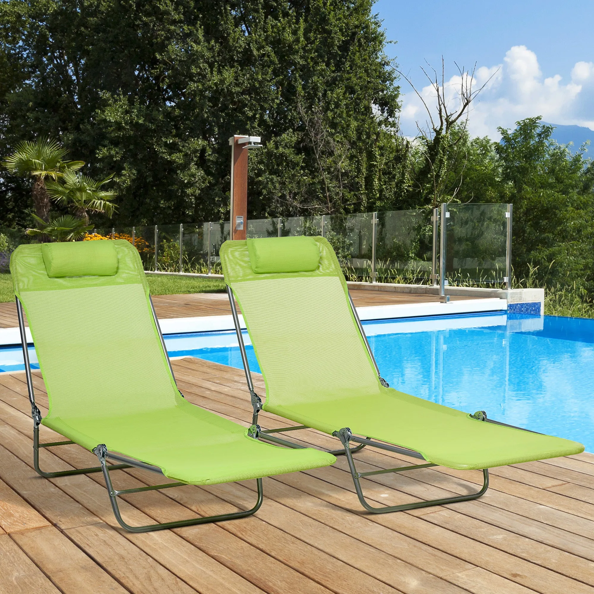 2-Piece Folding Chaise Lounge Chairs with Reclining Back, Breathable Mesh Seat & Headrest, Green