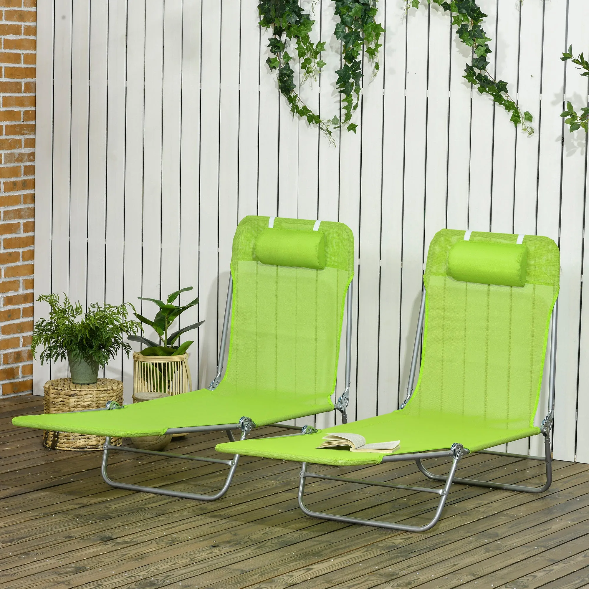 2-Piece Folding Chaise Lounge Chairs with Reclining Back, Breathable Mesh Seat & Headrest, Green