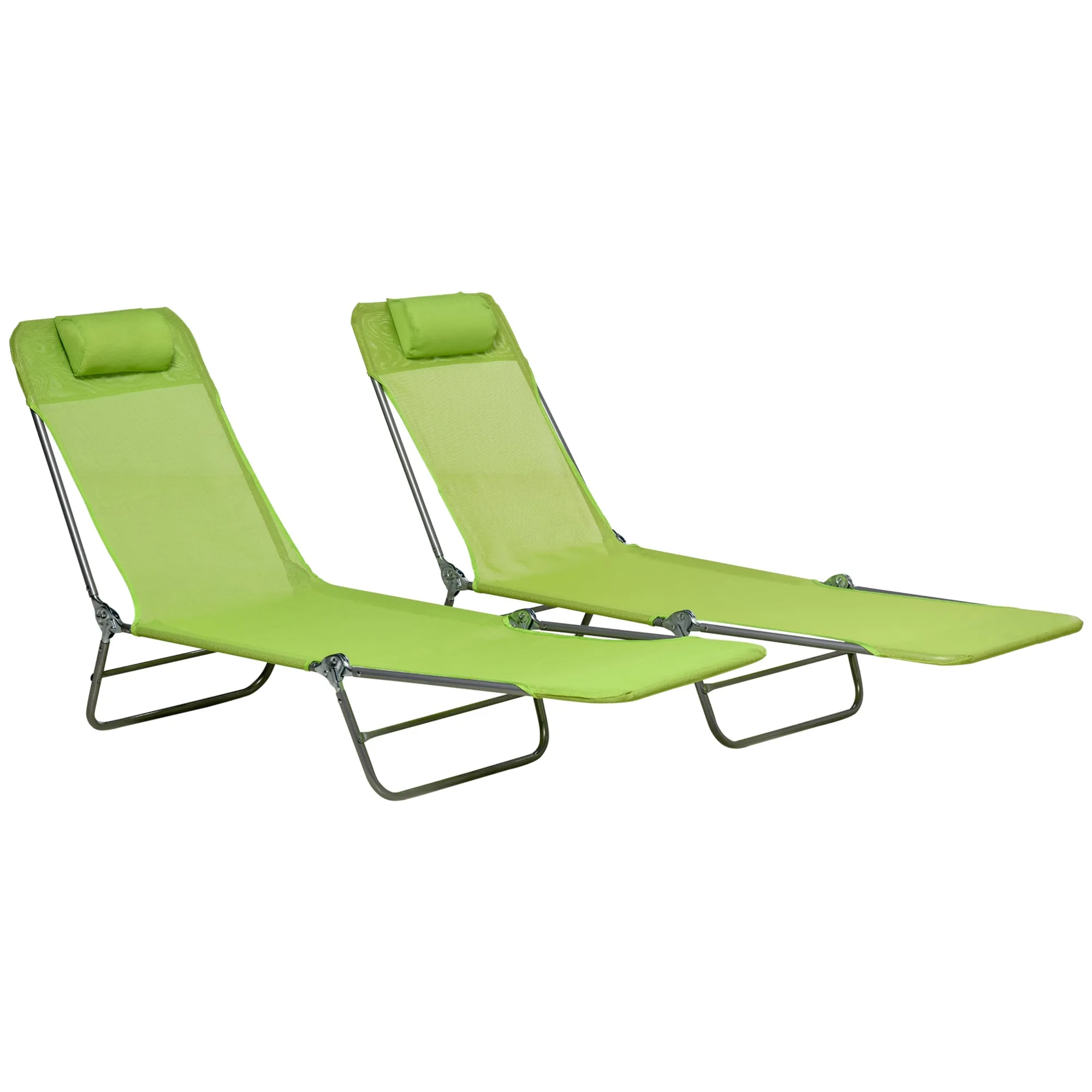 2-Piece Folding Chaise Lounge Chairs with Reclining Back, Breathable Mesh Seat & Headrest, Green