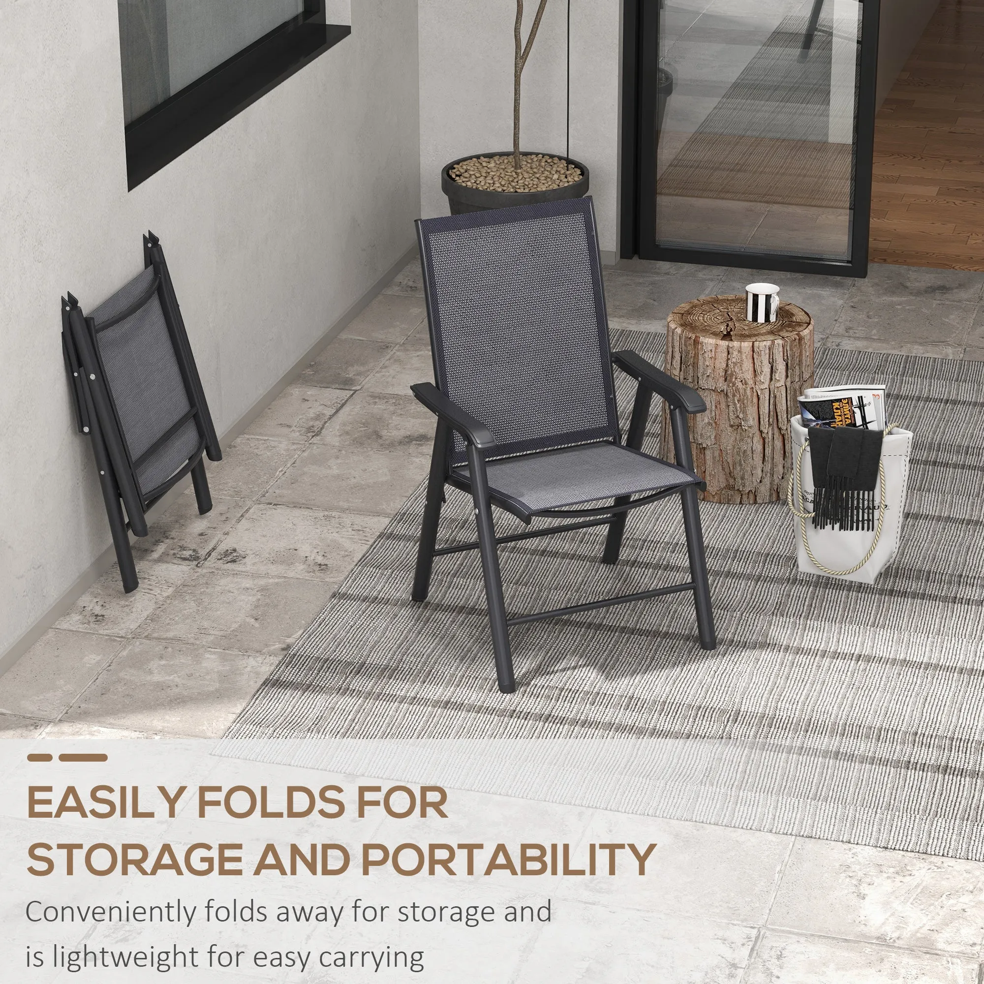 2-Piece Folding Dining Chair Set for Relaxing on Patio, Balcony, or Garden, Comfortable Outdoor Furniture with Armrests, Dark Grey