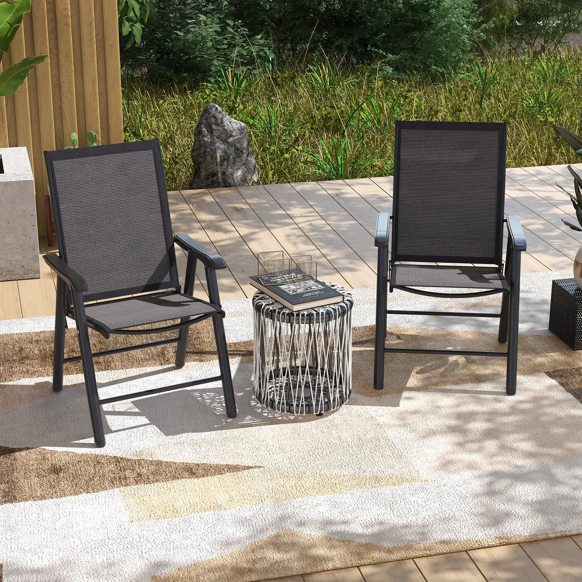 2-Piece Folding Dining Chair Set for Relaxing on Patio, Balcony, or Garden, Comfortable Outdoor Furniture with Armrests, Dark Grey
