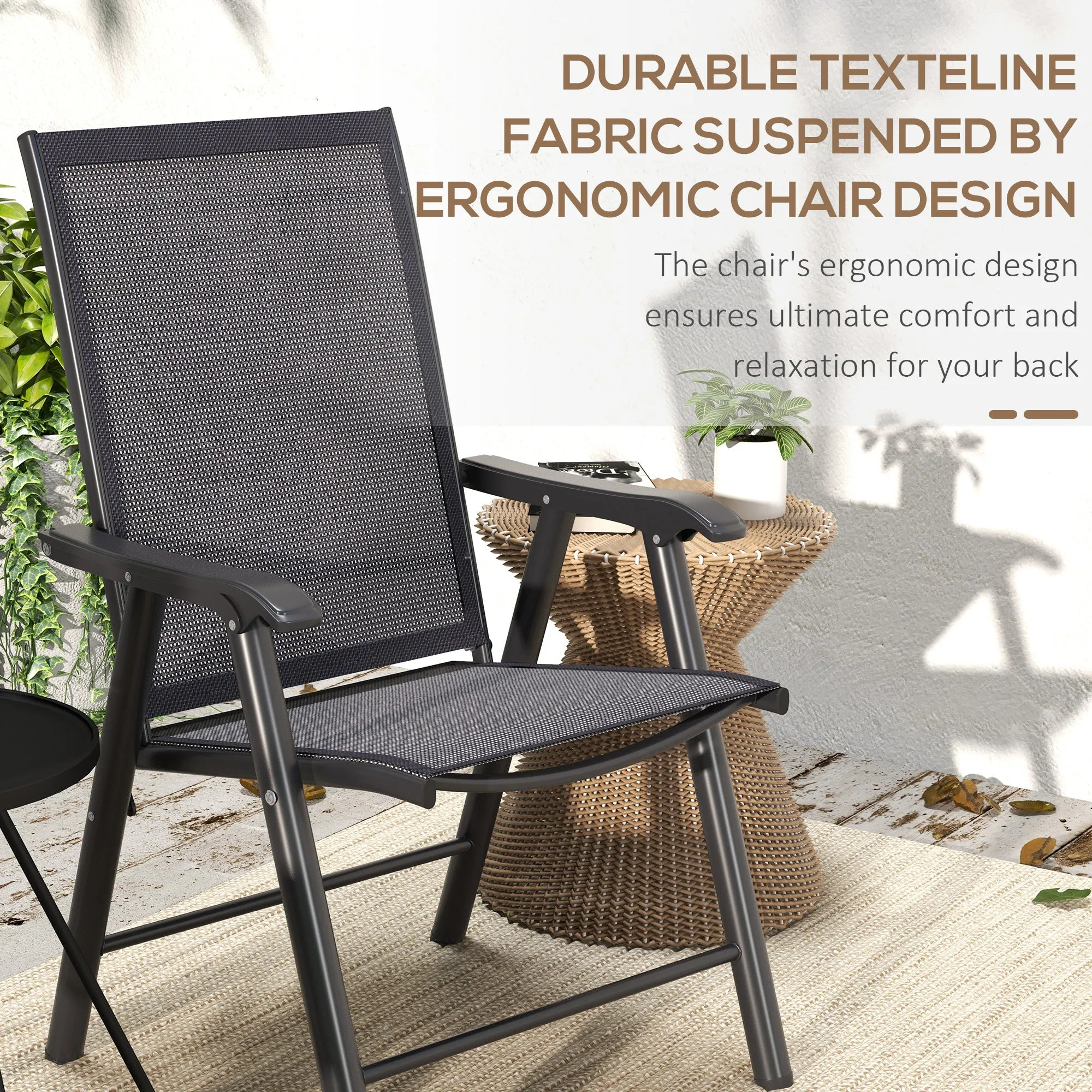 2-Piece Folding Dining Chair Set for Relaxing on Patio, Balcony, or Garden, Comfortable Outdoor Furniture with Armrests, Dark Grey