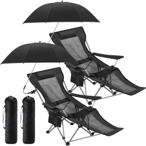 2 Set Reclining Camping Chair with Umbrella, Camping Chair with Foot Rest, Adjustable Chair Umbrella with Clamp, SPF 50 , Folding Mesh Camping Lounger Chair for Outdoor(Black)