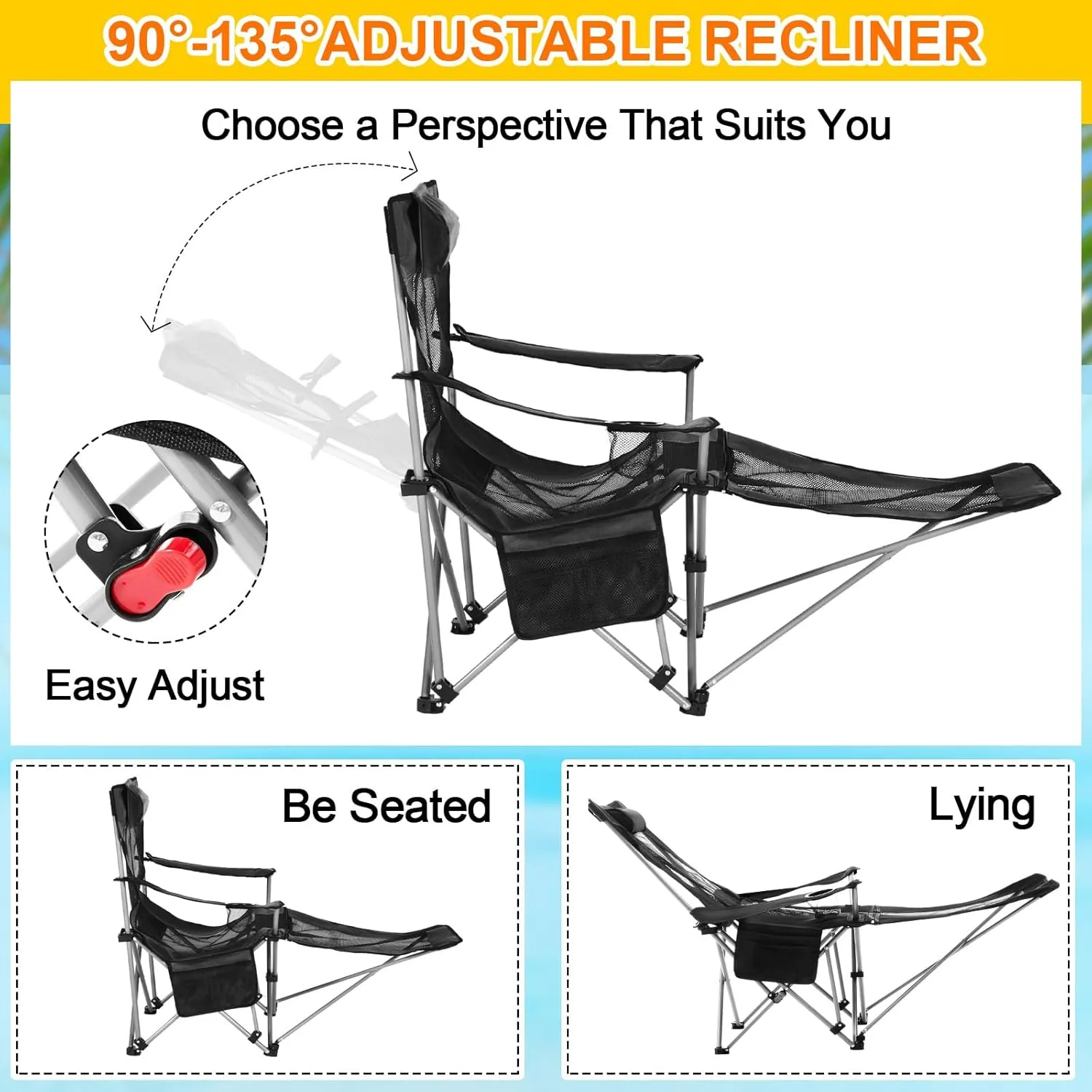 2 Set Reclining Camping Chair with Umbrella, Camping Chair with Foot Rest, Adjustable Chair Umbrella with Clamp, SPF 50 , Folding Mesh Camping Lounger Chair for Outdoor(Black)