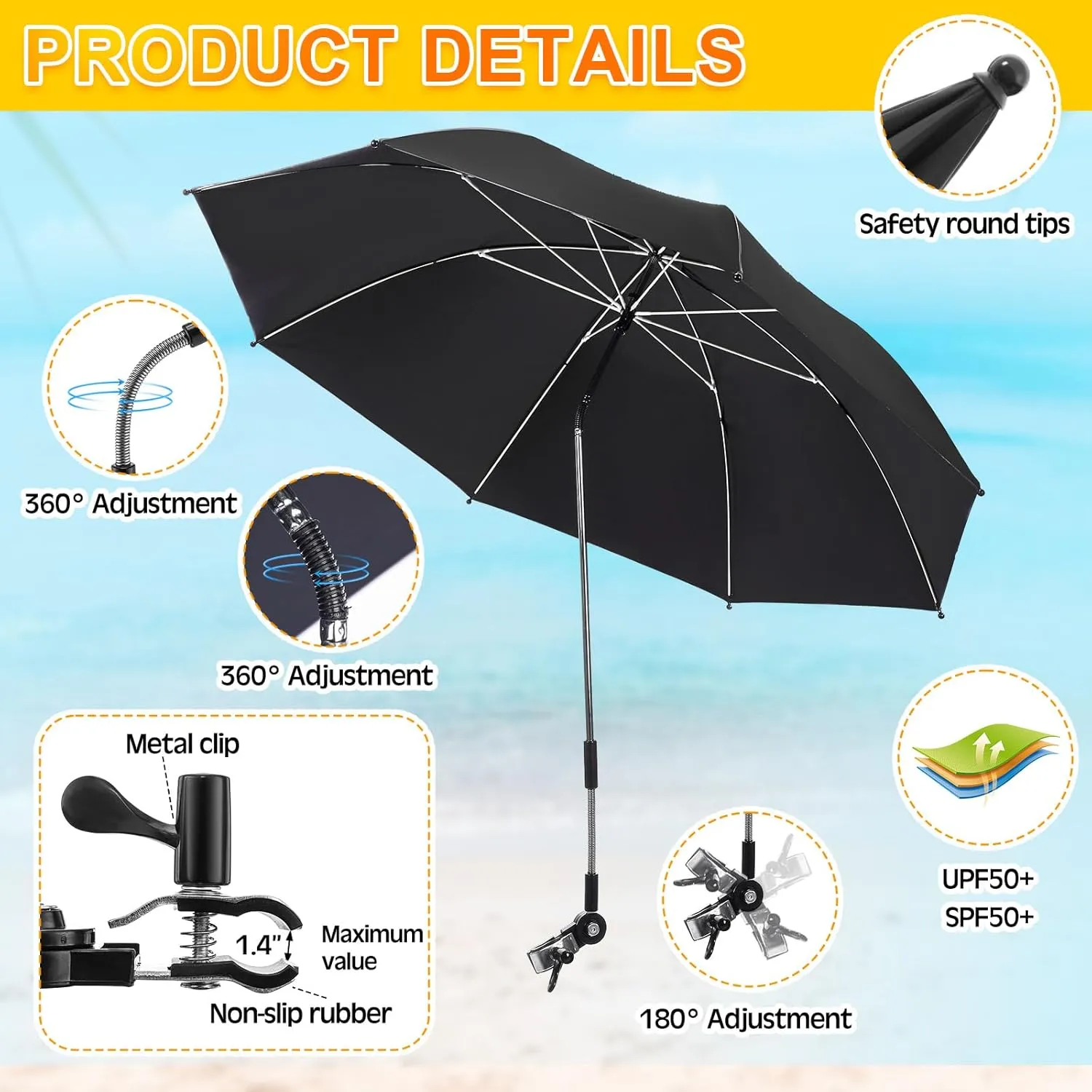 2 Set Reclining Camping Chair with Umbrella, Camping Chair with Foot Rest, Adjustable Chair Umbrella with Clamp, SPF 50 , Folding Mesh Camping Lounger Chair for Outdoor(Black)