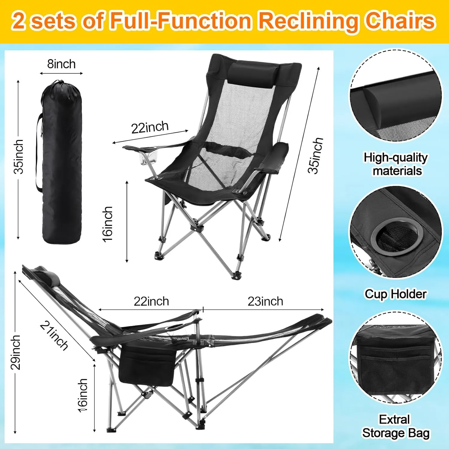 2 Set Reclining Camping Chair with Umbrella, Camping Chair with Foot Rest, Adjustable Chair Umbrella with Clamp, SPF 50 , Folding Mesh Camping Lounger Chair for Outdoor(Black)