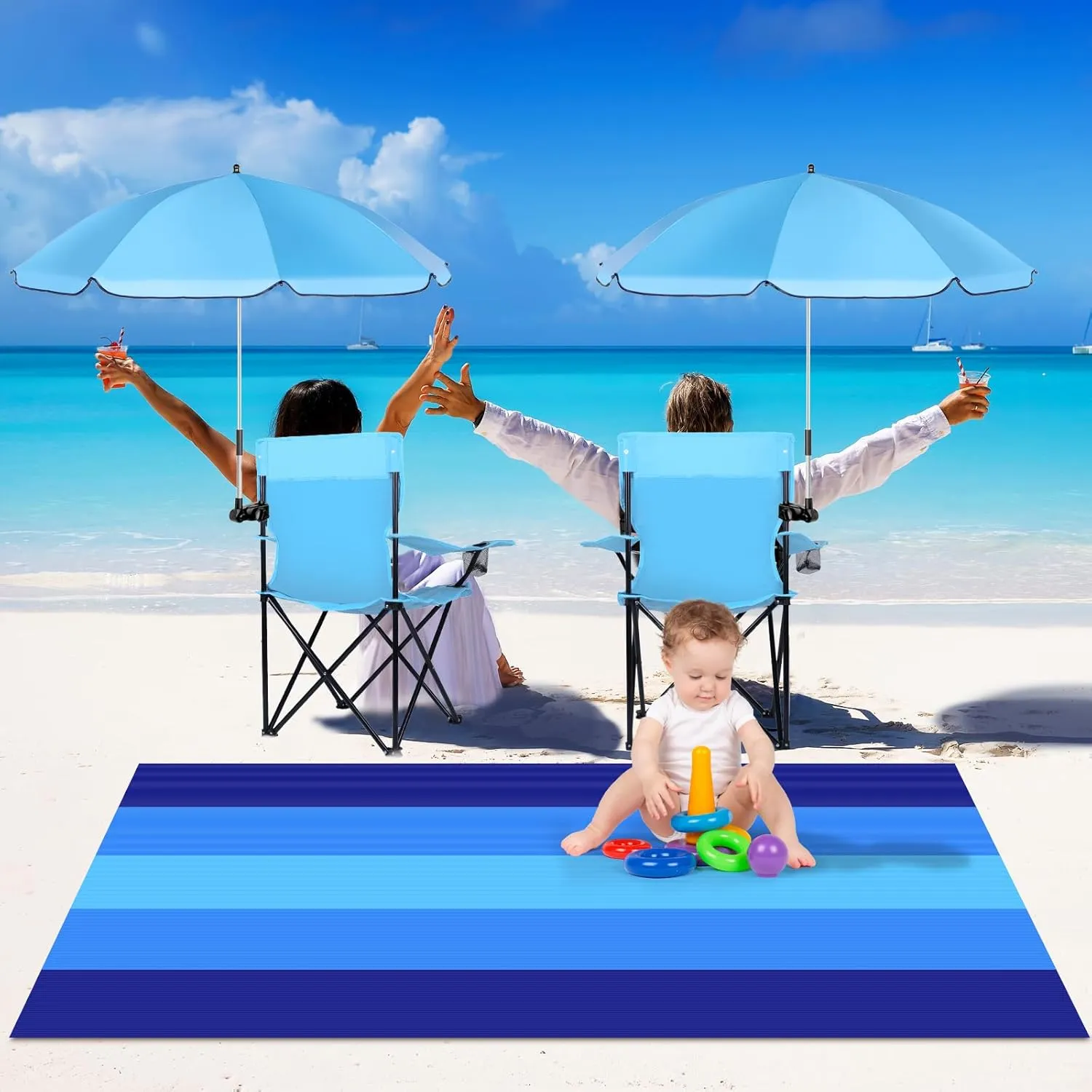2 Sets Beach Chair with Umbrella and Beach Blanket (79 x 83 inch), Folding Camping Chair for Adult Adjustable Shade Umbrella with Carry Bag for Lawn Beach Camping Travel Outdoor Pool