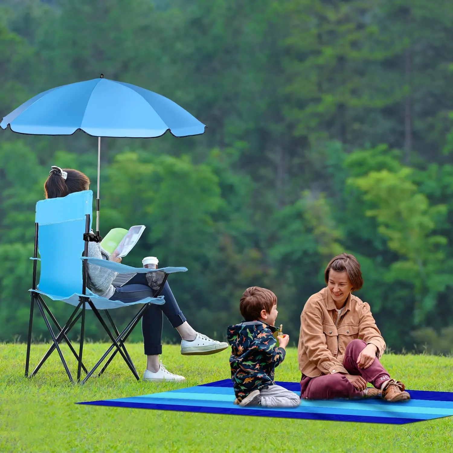 2 Sets Beach Chair with Umbrella and Beach Blanket (79 x 83 inch), Folding Camping Chair for Adult Adjustable Shade Umbrella with Carry Bag for Lawn Beach Camping Travel Outdoor Pool