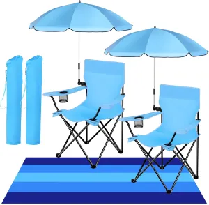 2 Sets Beach Chair with Umbrella and Beach Blanket (79 x 83 inch), Folding Camping Chair for Adult Adjustable Shade Umbrella with Carry Bag for Lawn Beach Camping Travel Outdoor Pool