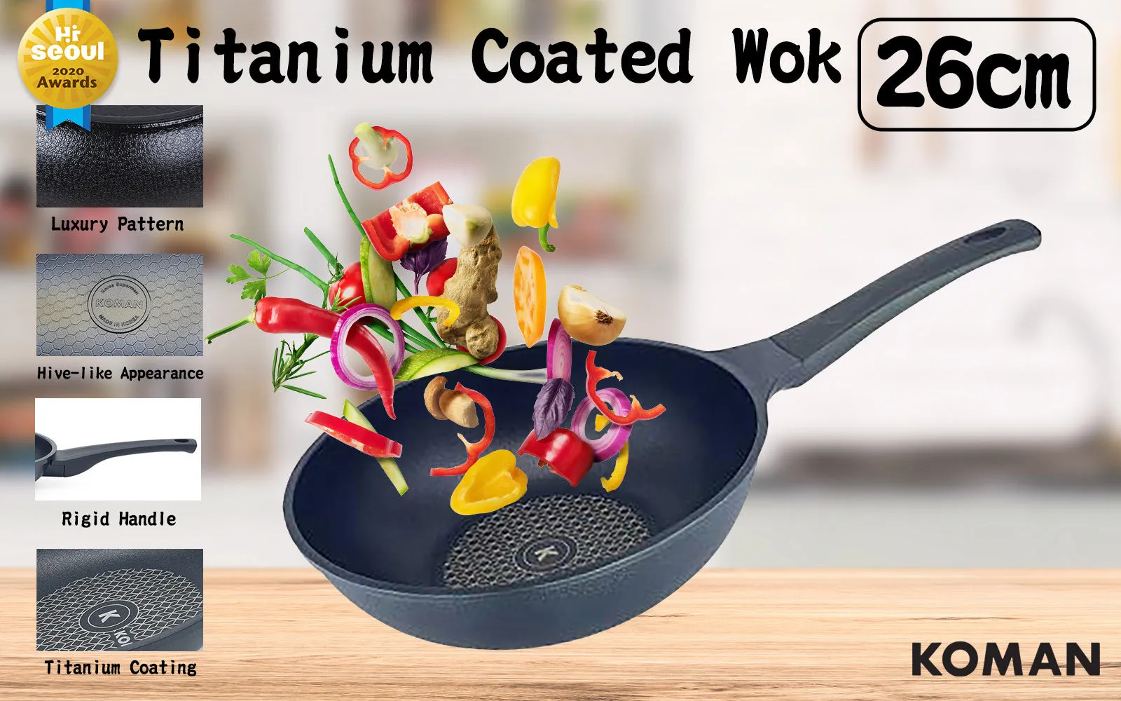 26cm Trustworthy assistance Wok Non-Stick Coating Pan Titanium Ending soon KOMAN