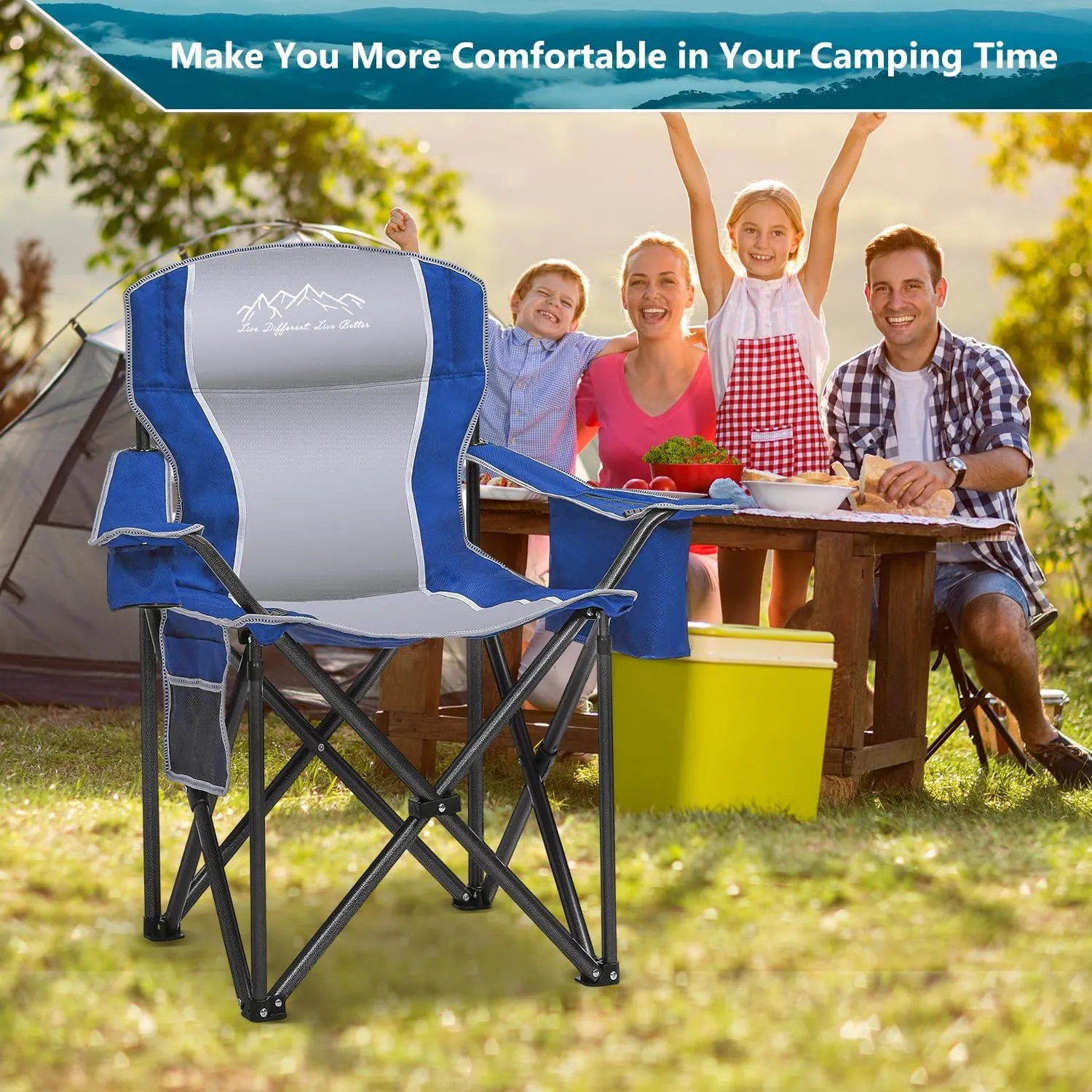 2PCS Folding Camping Chair, Heavy Duty Portable Lawn Chairs with Cooler Bag, Side Pocket & Cup Holder, Folding Chairs for Outside Support 450lbs Blue