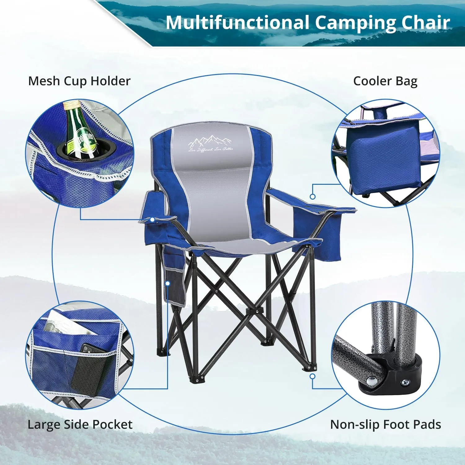 2PCS Folding Camping Chair, Heavy Duty Portable Lawn Chairs with Cooler Bag, Side Pocket & Cup Holder, Folding Chairs for Outside Support 450lbs Blue