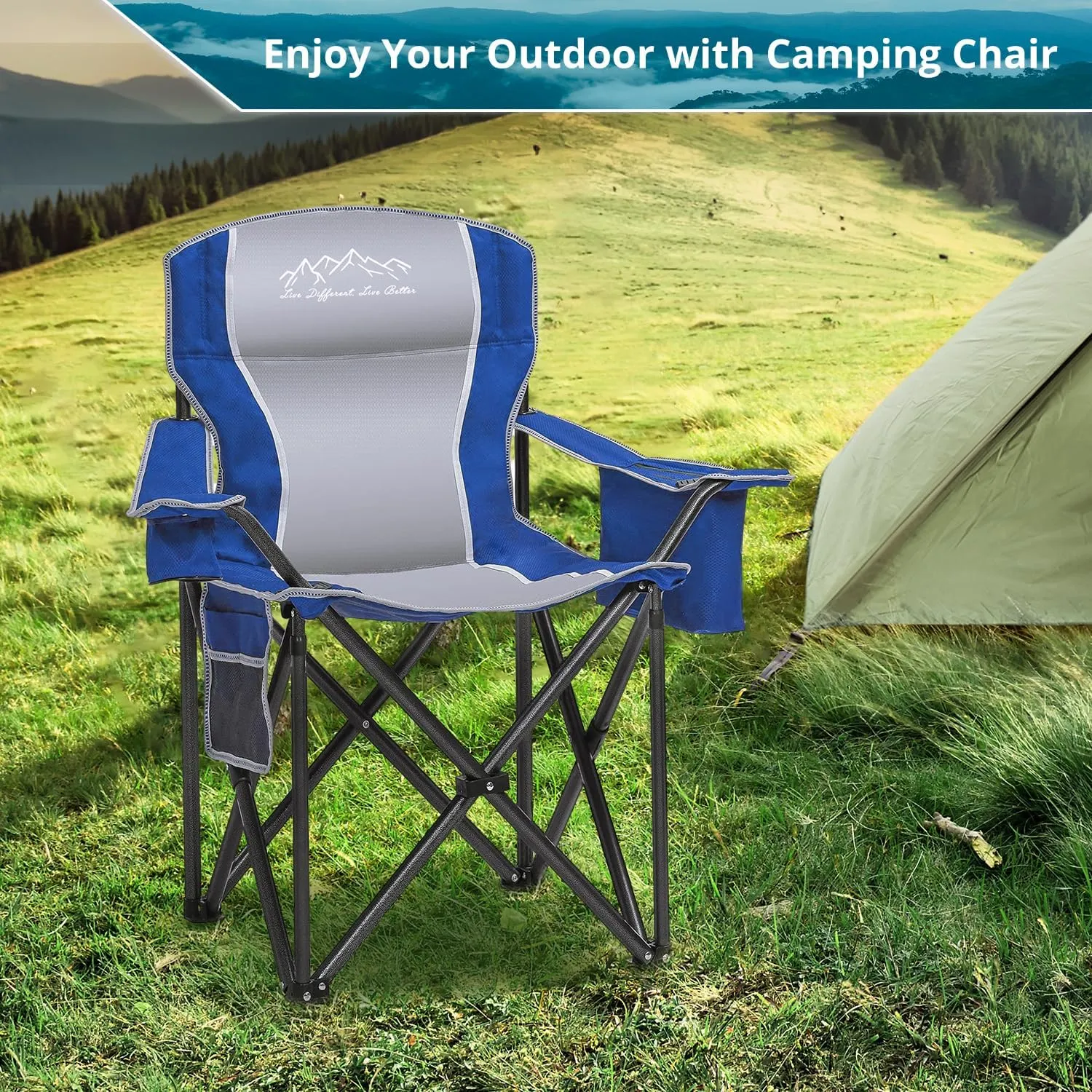 2PCS Folding Camping Chair, Heavy Duty Portable Lawn Chairs with Cooler Bag, Side Pocket & Cup Holder, Folding Chairs for Outside Support 450lbs Blue