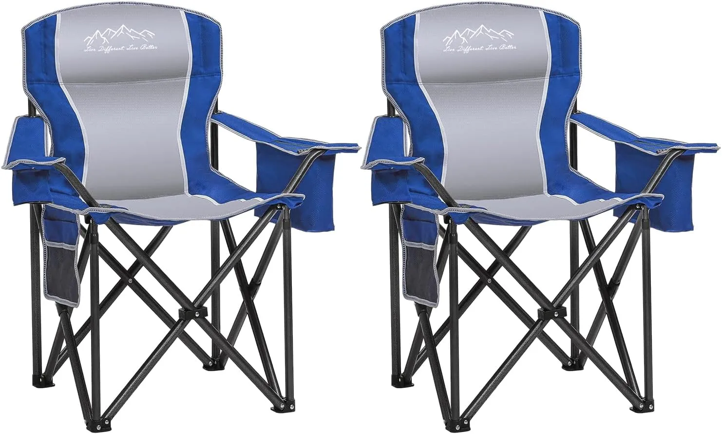 2PCS Folding Camping Chair, Heavy Duty Portable Lawn Chairs with Cooler Bag, Side Pocket & Cup Holder, Folding Chairs for Outside Support 450lbs Blue