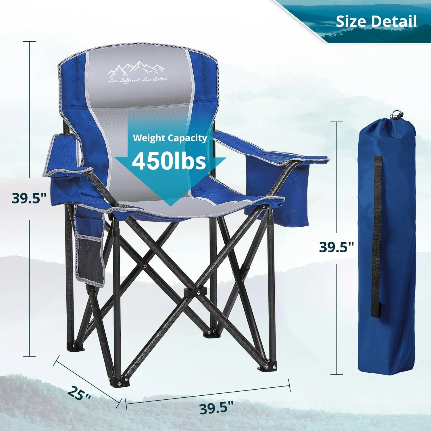 2PCS Folding Camping Chair, Heavy Duty Portable Lawn Chairs with Cooler Bag, Side Pocket & Cup Holder, Folding Chairs for Outside Support 450lbs Blue