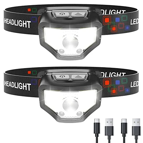 2pcs Headlamp Rechargeable,1200 Lumen Super Bright w/ White Red LED Head Lamp