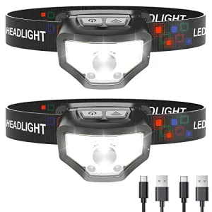 2pcs Headlamp Rechargeable,1200 Lumen Super Bright w/ White Red LED Head Lamp